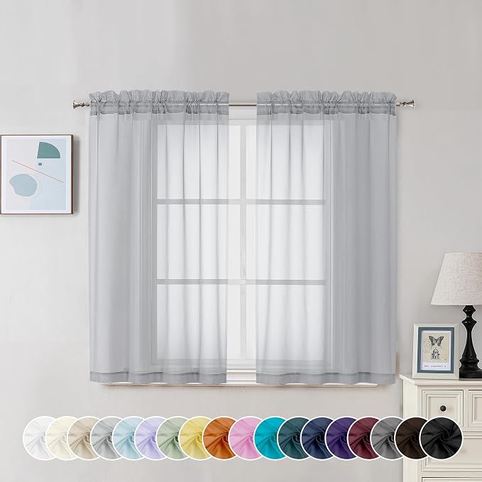 Chyhomenyc Light Grey Sheer Curtains 45 Inch Long 2 Panels, Light Filtering Rod by Chyhomenyc