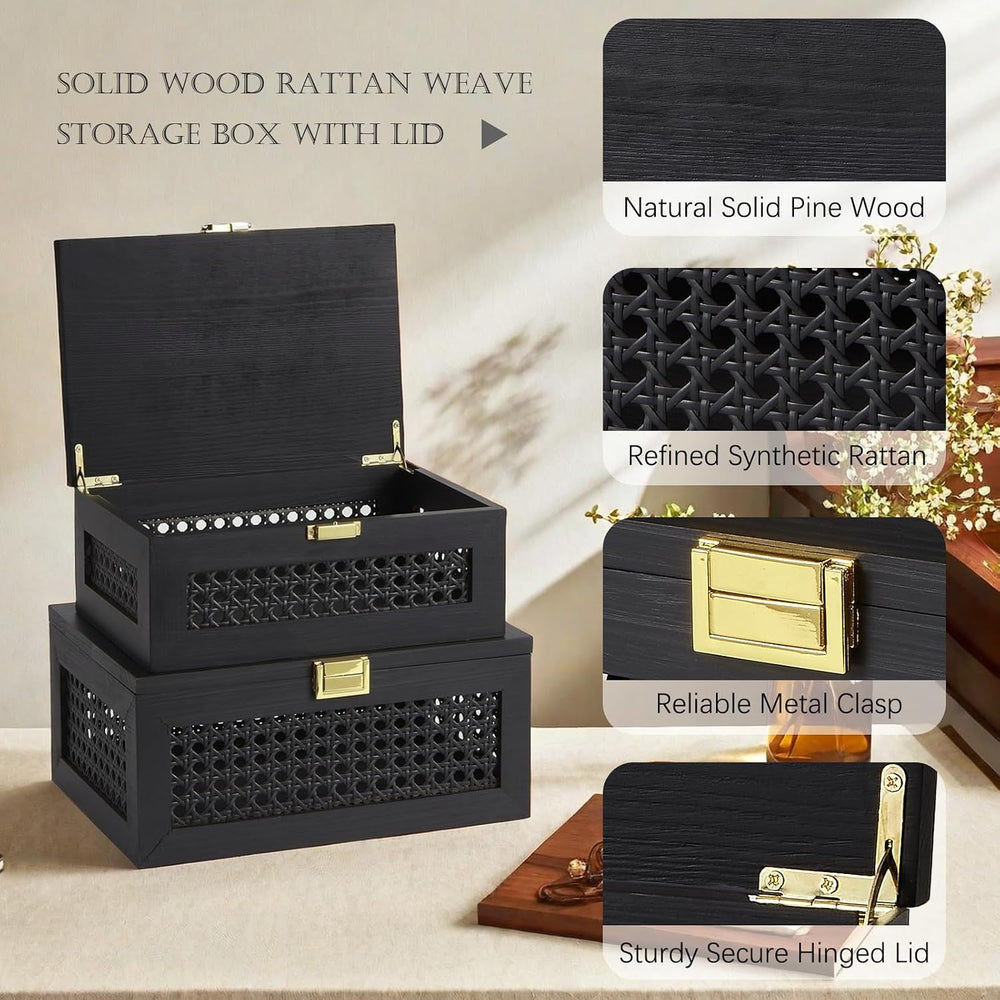 2PCS Decorative Rattan Storage Box Basket with Lid Wooden Frame