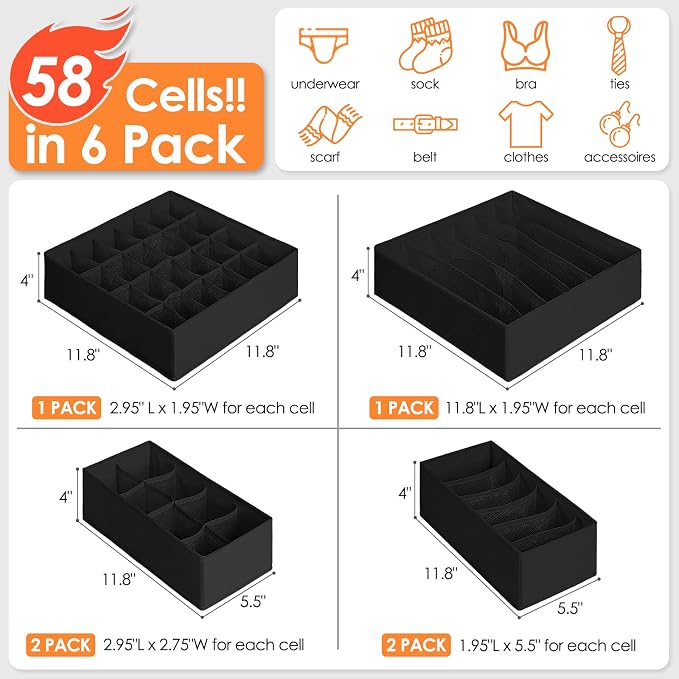 6 Pack Sock Underwear Drawer Organizer Dividers, 58 Cell Foldable Fabric - Image 4