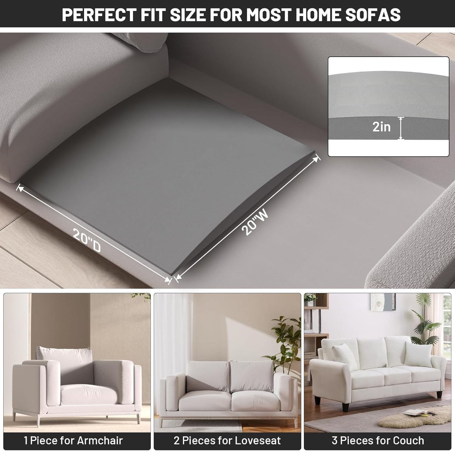Couch Cushion Support for Sagging Seat, 20"x20"x2" 40D High Density Curved Foam Sofa Cushion Support, Under-Cushion Sag Repair,Grey Set of 3