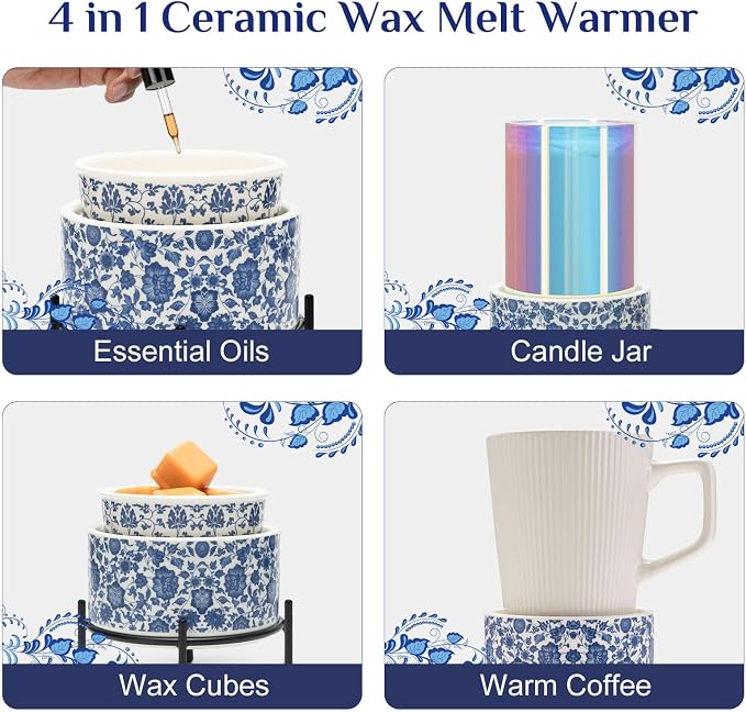 Blue & White Porcelain Pattern Wax Melt Warmer, Ceramic 3-in-1 Electric Candle - Image 6