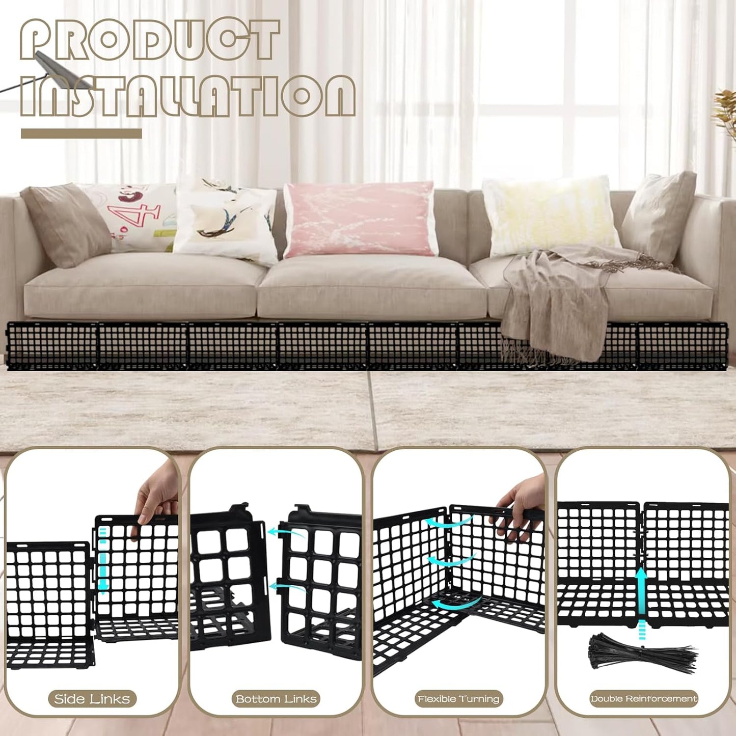 12 Pcs Under Couch Blocker for Bed Adjustable Furniture Plastic Under Bed Blocker with 30 Ties Black Couch Barriers for Dogs Pets Cats (Style 1)