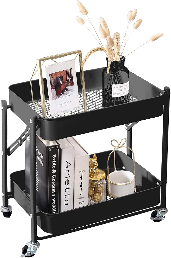 2-Tier Metal Folding Rolling Cart, Mobile Utility Cart Trolley Storage Organizer by MelodyHouse
