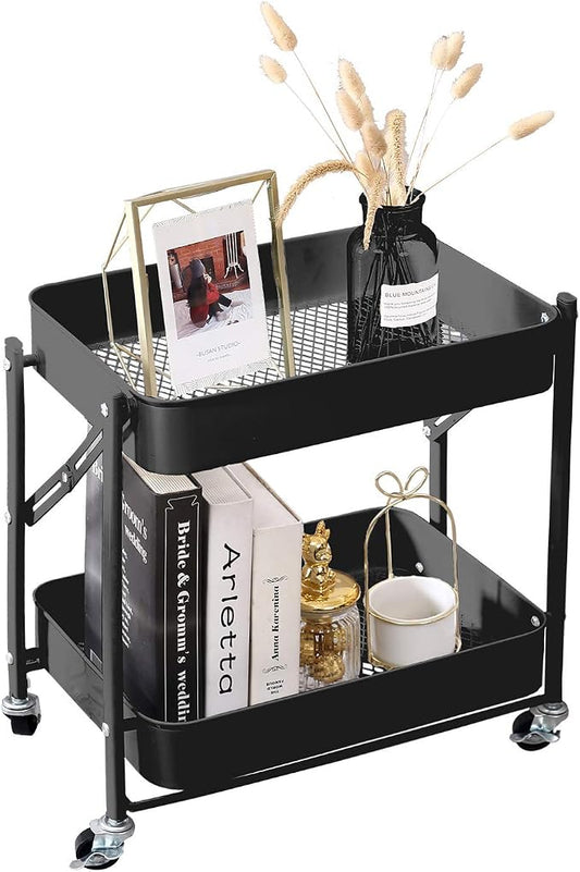 2-Tier Metal Folding Rolling Cart, Mobile Utility Cart Trolley Storage Organizer by MelodyHouse