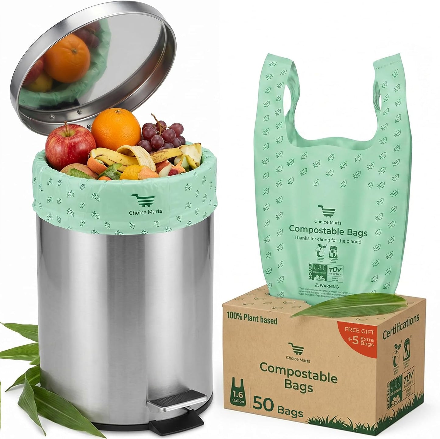 50 Home Compostable Trash Bags 1.6 Gallon Easy Tie Handles | Certified Home Compostable, Leak Resistant Kitchen Compost Bags, Easy Tie Handles, Fits Most Countertop Bins