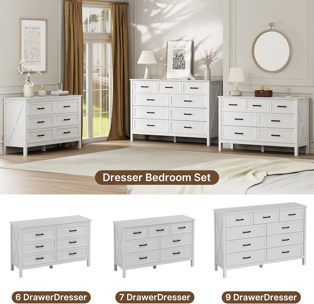 LYNSOM Farmhouse 9 Drawer Dresser for Bedroom, 55 Inch Wide Wood Rustic Chest...
