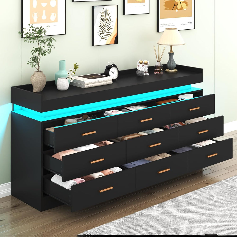 Hlivelood 9 Drawer Dresser with LED Light and Charging Station, Modern Chest ...