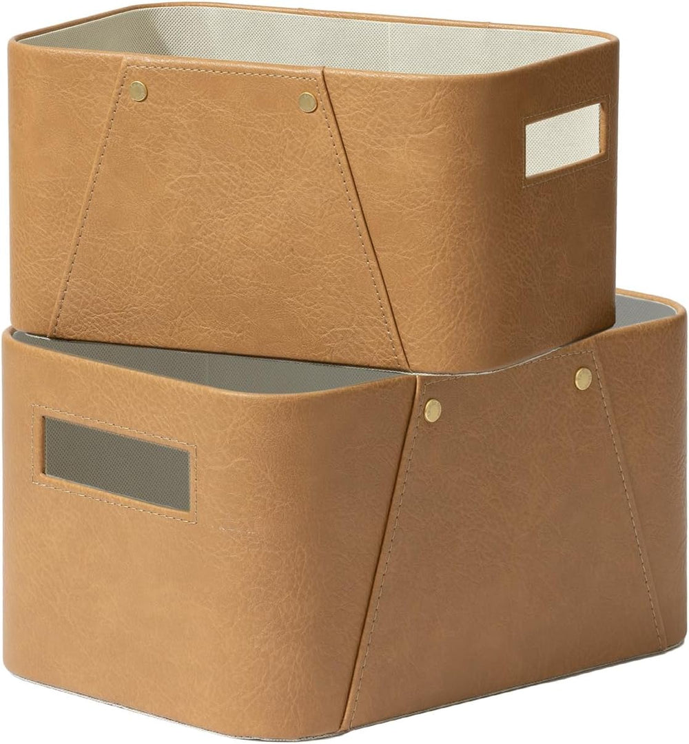 La Jolie Maison Faux Leather Storage Baskets for Organizing, Camel 2 Pack