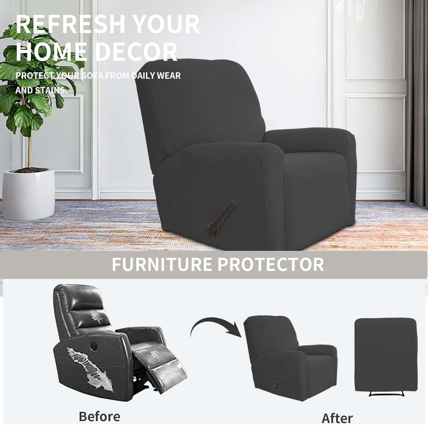 Easy-Going Recliner Stretch Sofa Slipcover Sofa Cover 4-Pieces Furniture Protector Couch Soft with Elastic Bottom, Spandex Jacquard Fabric Small Checks(Recliner,Dark Gray)