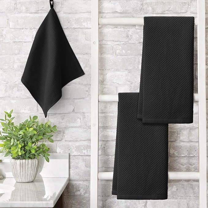 Artoid Mode 100% Cotton Black Waffle Weave Kitchen Dish Cloths, 13x28 Inch - Image 3