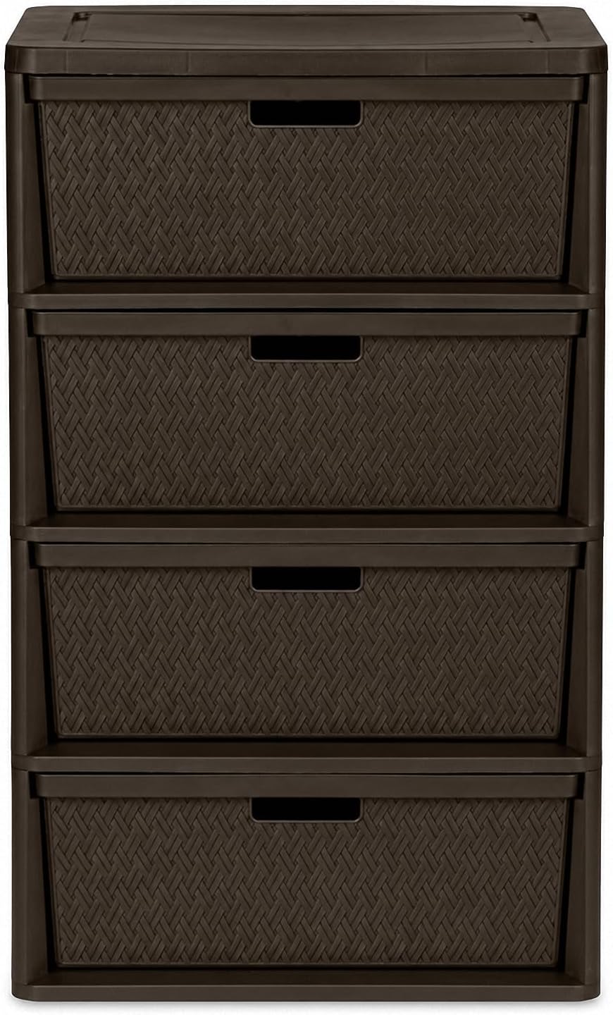 4-Drawer Plastic Storage Tower, Wide Bedroom Closet Storage Chest, Brown