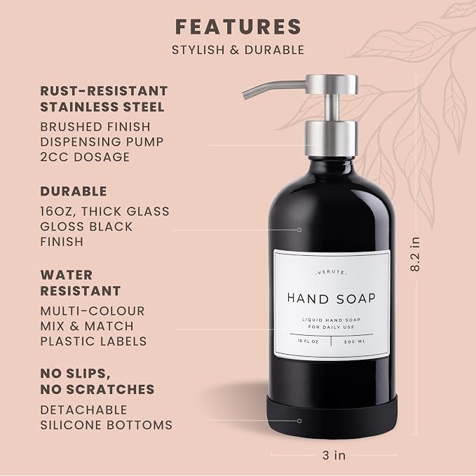 16oz Glass Soap Dispenser with Stainless Steel Pump, 21 Waterproof Labels - Image 6