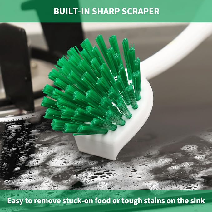 Dish Brush with Handle, 2 Pack Scrub Brushes with Built-in Scraper - Image 3