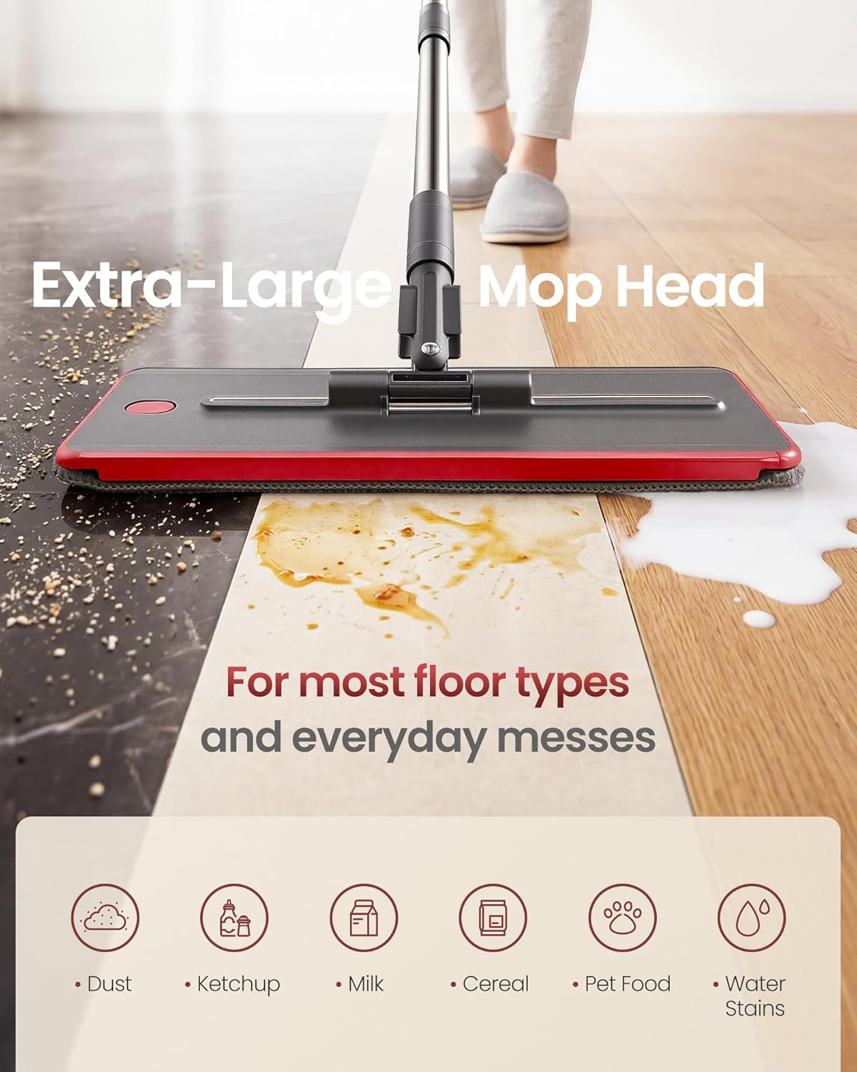 SONGMICS Mop and Bucket Set, Flat Mop with 3-Chamber Clean & Dirty Water Separation System, Wringer Bucket, 360° Rotating Head, 4 Microfiber Pads, Gray and Red ULMB001GT04