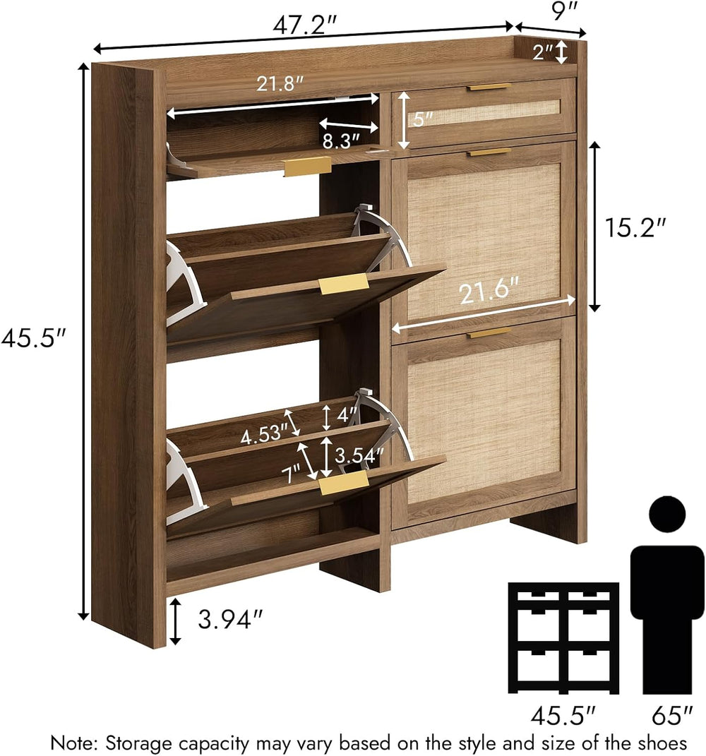 HOKYHOKY Large Rattan Shoe Storage Cabinet with 4 Flip Drawers & 2 Storages