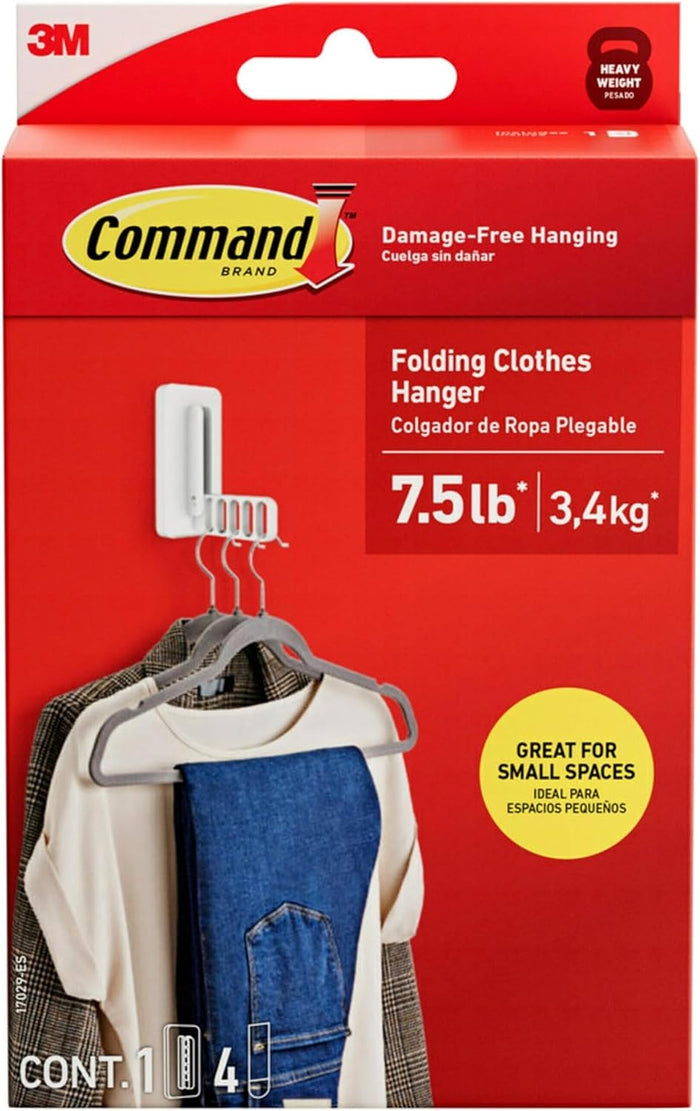 Command Folding Clothes Hanger, Holds up to 5 Hangers 7.5lb, 1.5lbs per Rung, 1 Hook with 5 Rungs, 4 Strips, Closet Organizer, Home Organization (Pack of 10)