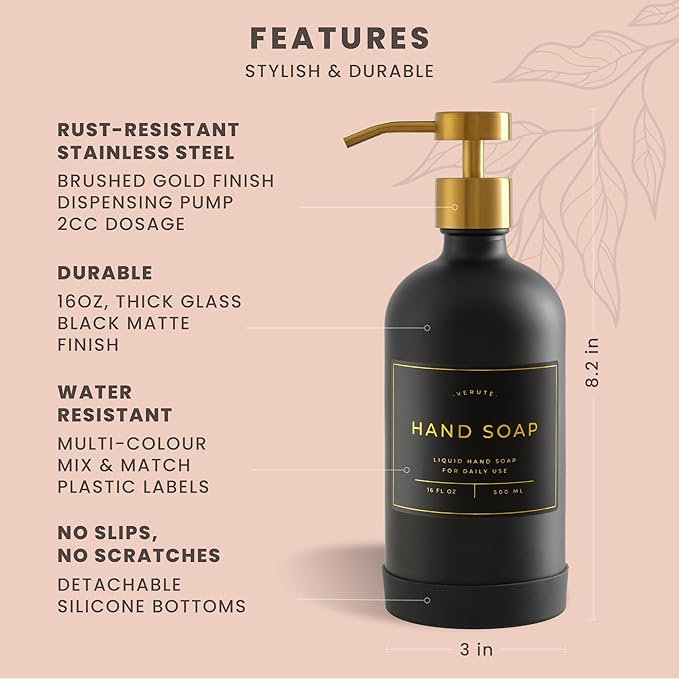 16oz Glass Soap Dispenser with Stainless Steel Pump, 21 Waterproof Labels - Image 6