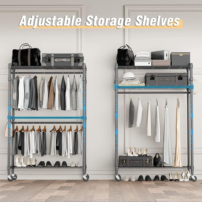 Homdox Rolling Clothes Rack Heavy Duty, 3-Tier Adjustable Wire Shelving Garment - Image 3