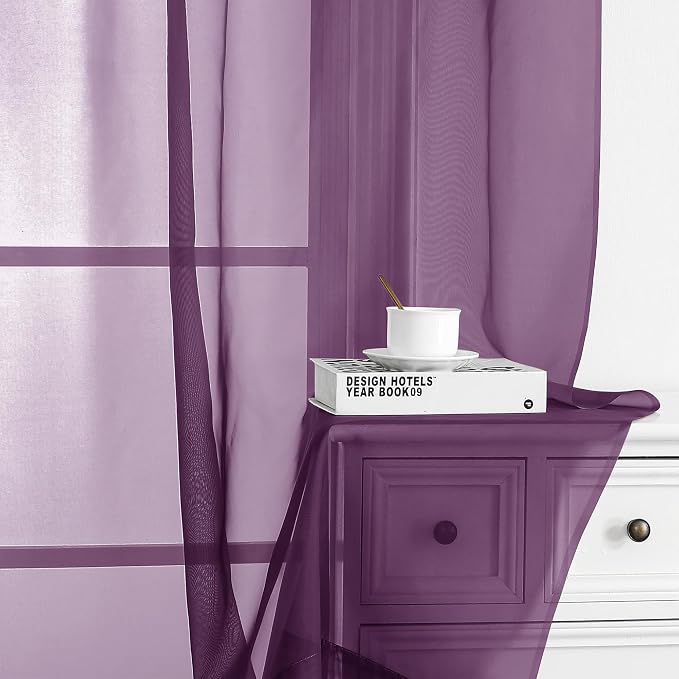 Chyhomenyc Plum Sheer Curtains 63 Inch Length 2 Panels, Rod Pocket Solid Window - Image 6