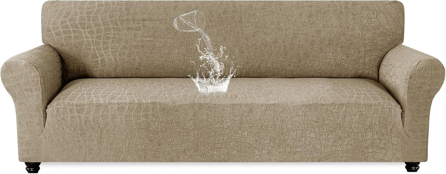 Waterproof Sofa Slipcover 3 Cushion Couch X-Large Sofa Cover,91"-110" Non Slip Soft Couch Sofa Cover Washable Furniture Protector with Non Skid Foam and Elastic Bottom for Kids, Pets,Khaki