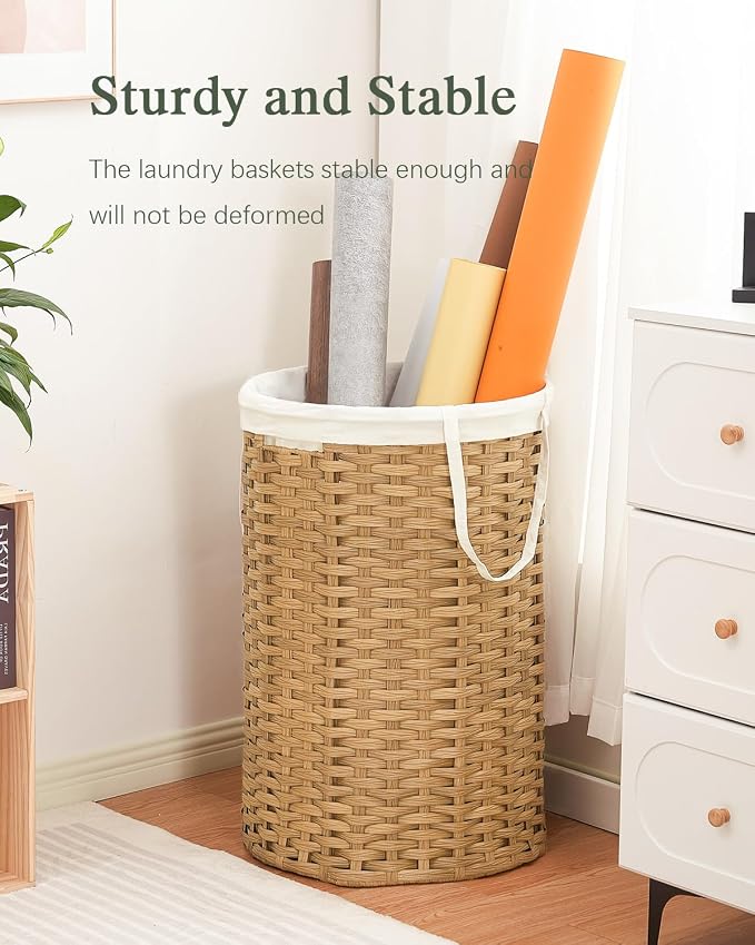 34.3 Gal Large Laundry Hamper Laundry Basket Round Handwoven Wicker Laundry - Image 7
