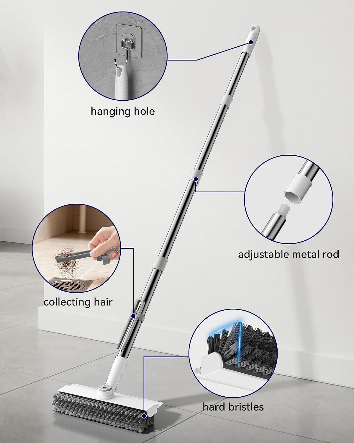 3 in 1 Adjustable Small Floor Scrub Brush with Long Handle | 360 rotating head Right-angle Heavy-Duty Stiff Bristle with Squeegee and Tweezer for Cleaning Bathroom Tile Patio and Kitchen