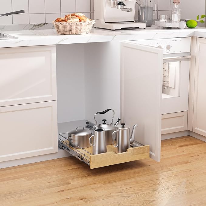 Pull Out Cabinet Organizer, Heavy-Duty Slide Out Shelf, Wood And Wire Basket - Image 4
