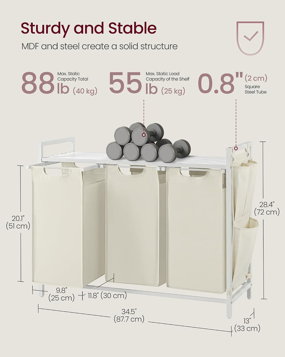 VASAGLE Laundry Hamper with Shelf, 3 Pull-Out Bags, 3 x 10.6 Gallons (40 L)