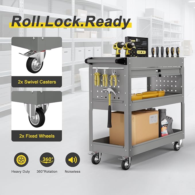 3-Tier Rolling Tool Cart with Drawers, Heavy Duty Utility Storage Cart with - Image 4