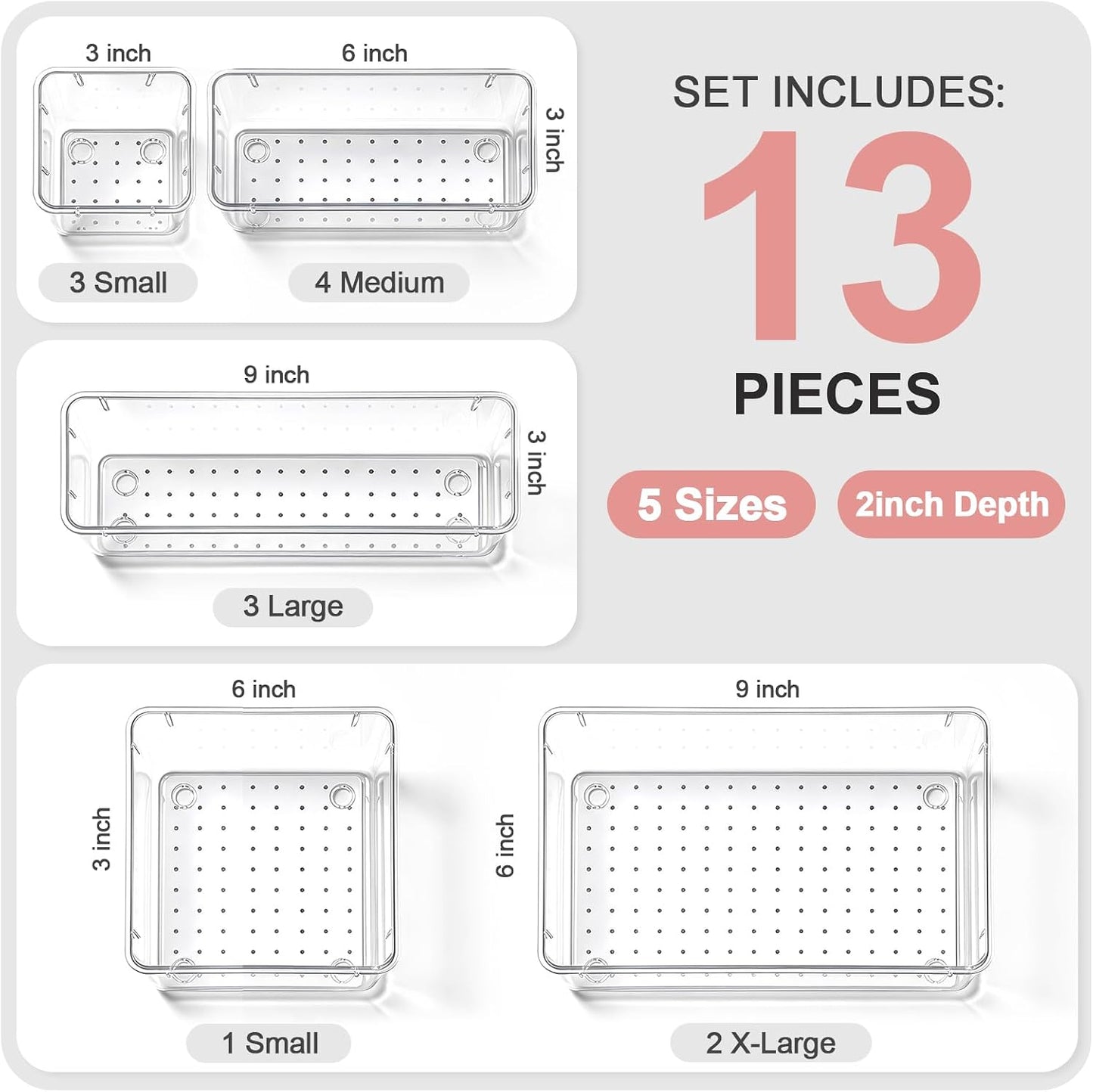 13 Pcs Desk Organizer Tray for Makeup, 5 Sizes Vanity Makeup Drawer Organizer Set, Non-Slip Desk Drawer Organizer Trays for Bathroom, Bedroom, Office, Fits Jewelry