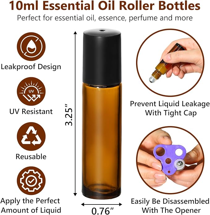 KEYWING 54 Pack Empty Essential Oil Roller Bottles – 10ml Amber Glass Roll-On - Image 3