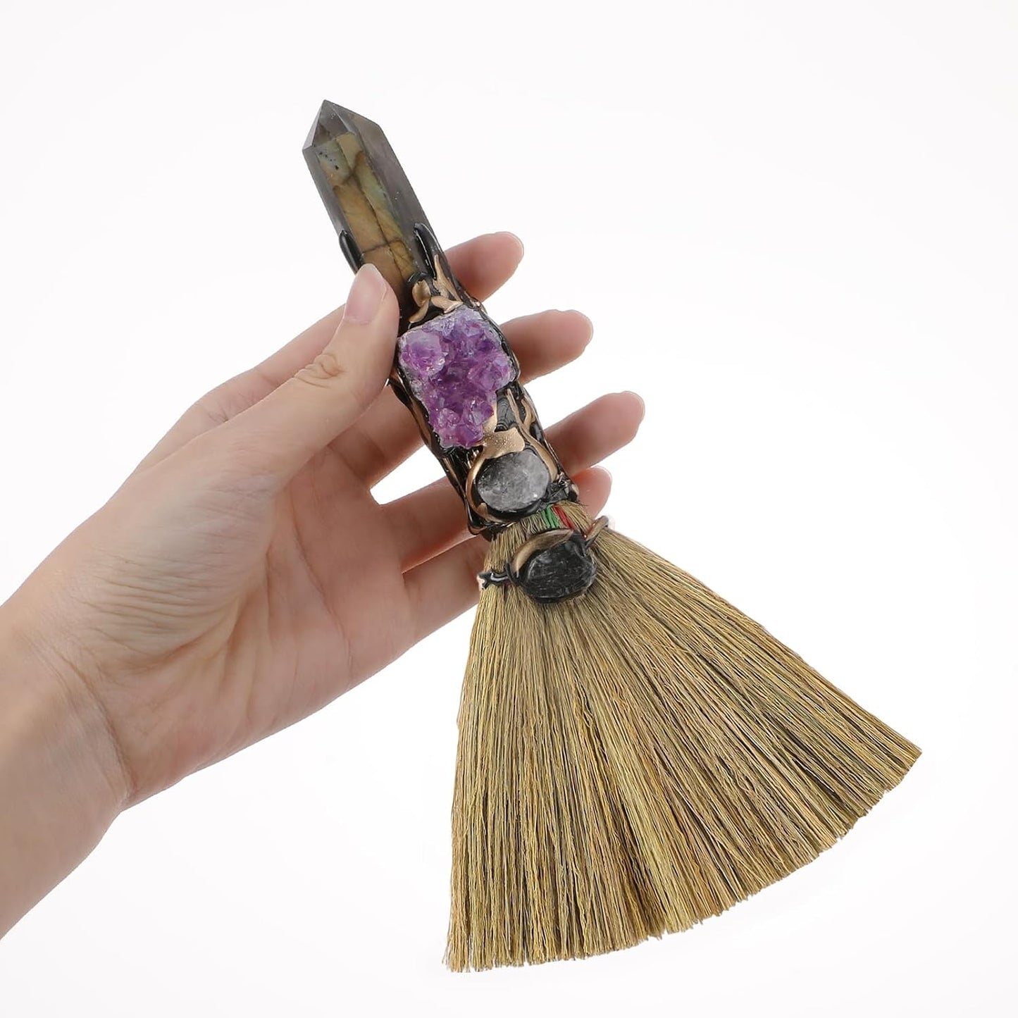 RENEMEGO Witch Broom Witchcraft Supplies - Altar Supplies with Labradorite Wiccan Stuff Magic Broomstick with Natural Healing Crystals Hexagonal Points Pagan Reiki Energy Clearing Decor