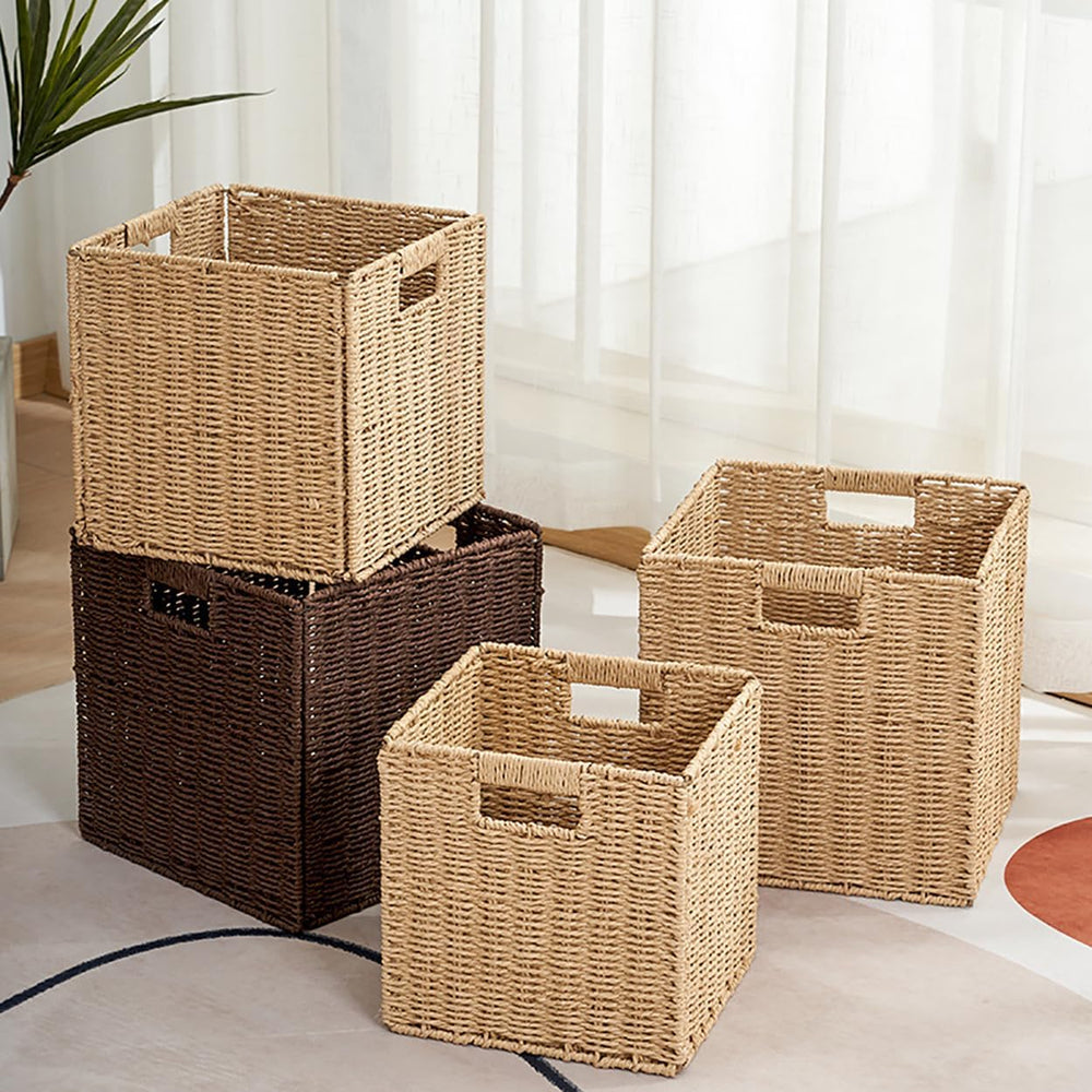 10.5x10.5in Storage Baskets Set of 3 Dark Brown Paper Rope Woven Baskets,Fold...