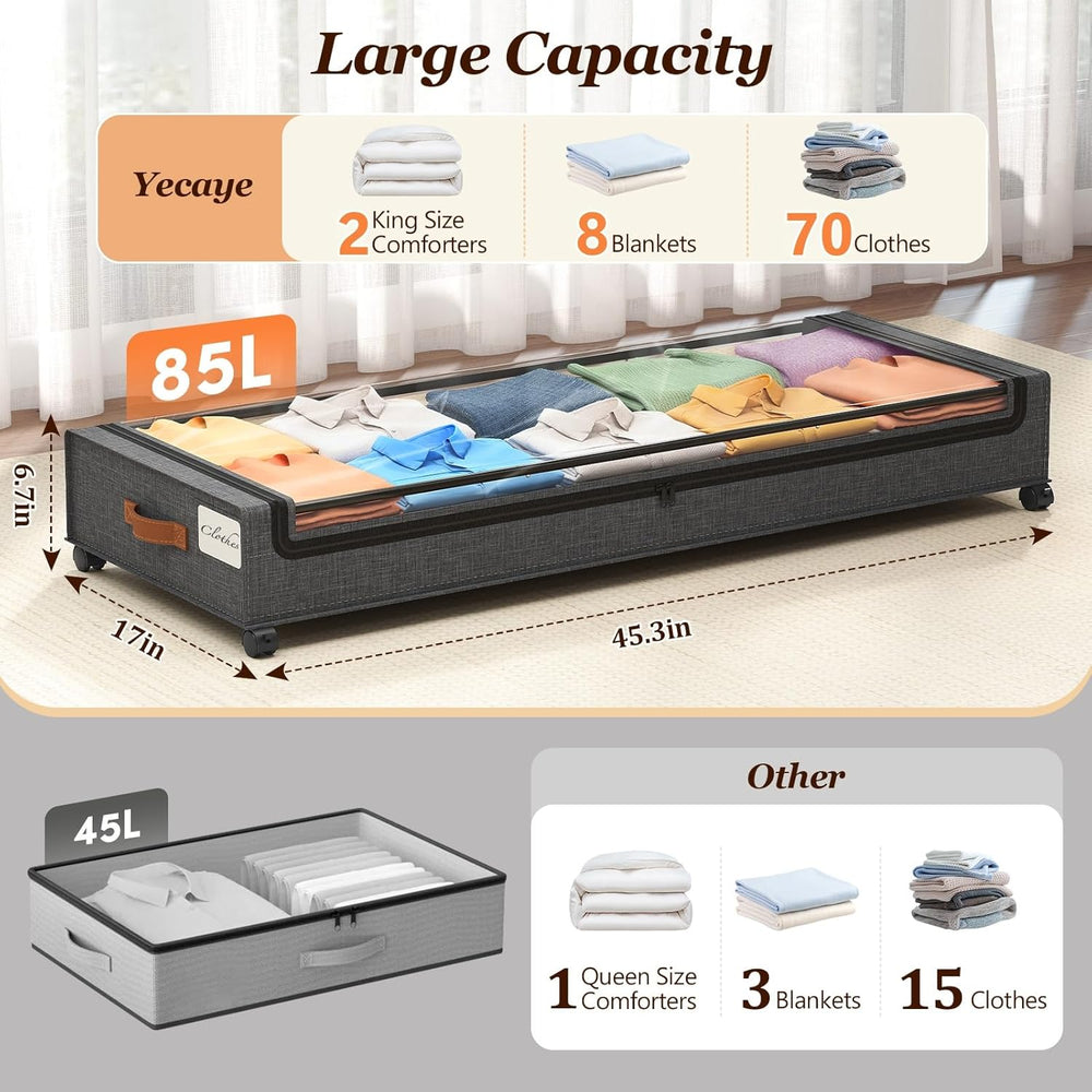 Yecaye 85 L Under Bed Storage with Wheels, 2 Pack Extra Large Under Bed Stora...