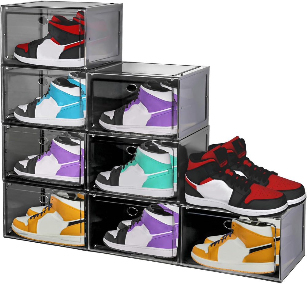 Large Shoe Boxes Clear Plastic Stackable, 8 Pack Drop Side Shoe Storage Boxes