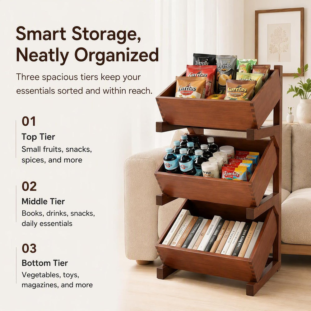 3 Tier Wood Fruit and Vegetable Basket Stand Rack for Kitchen, Fruit Basket f...
