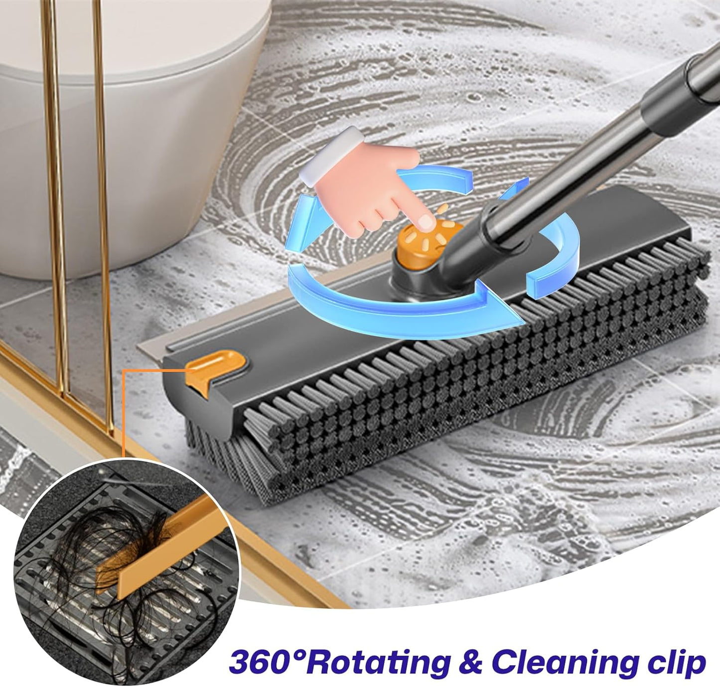 3-in-1 Floor Scrub Brush with Long Handle, Scrape and Heavy-Duty Stiff Bristle Floor Scrubber Brush with Squeegee and Tweezer for Cleaning Tile Kitchen Wall Deck Bathroom Patio Garage