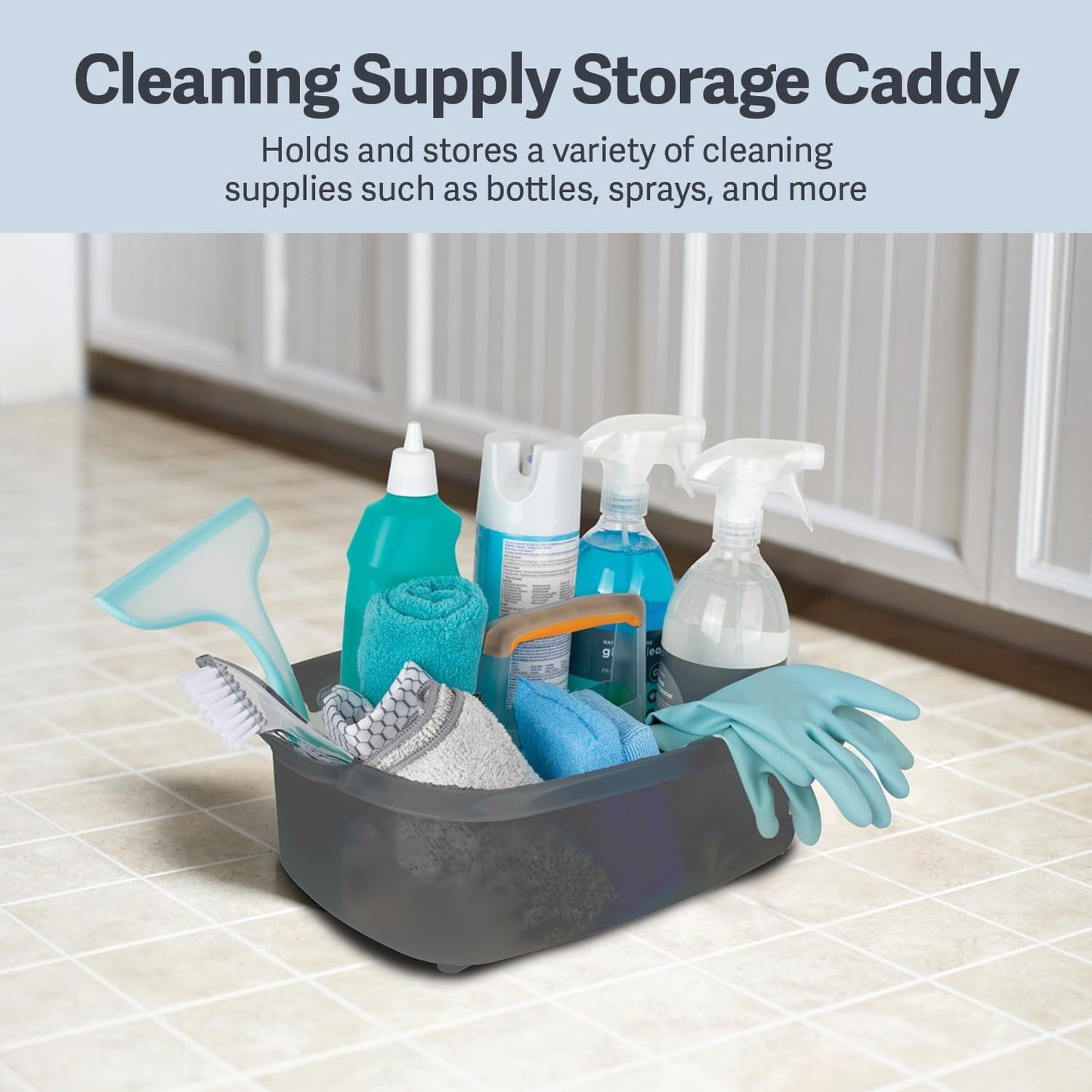 Casabella Cleaning Storage Caddy with Handle Plastic Multipurpose Organizer, Rectangle, 1.85-Gallon, Gray