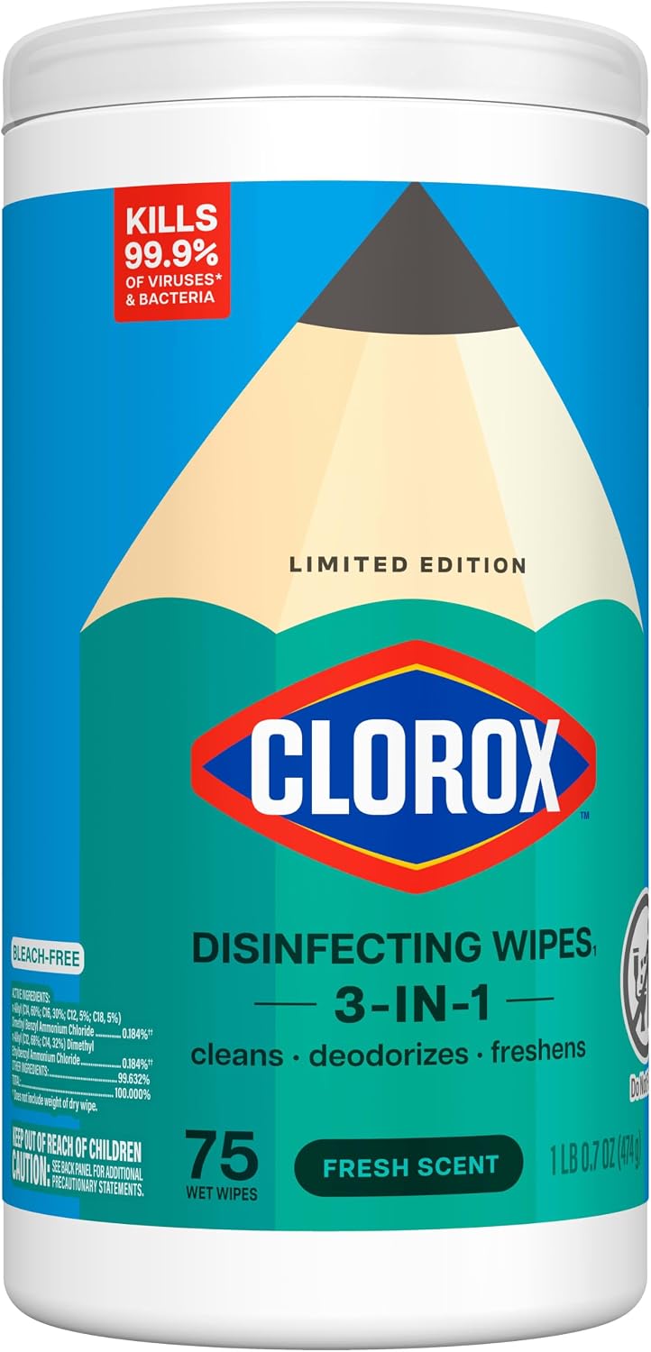Clorox Disinfecting Wipes Back to School, Bleach Free, Fresh Scent, 75 Count (Pack May Vary)
