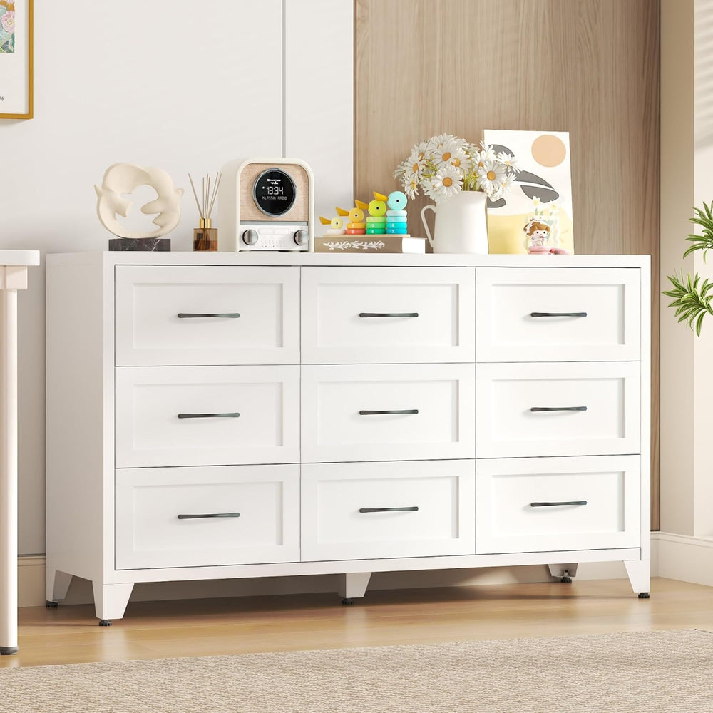 Metal 9 Drawer Dressers for Bedroom, 52" Wide White Steel Chest of Drawe...