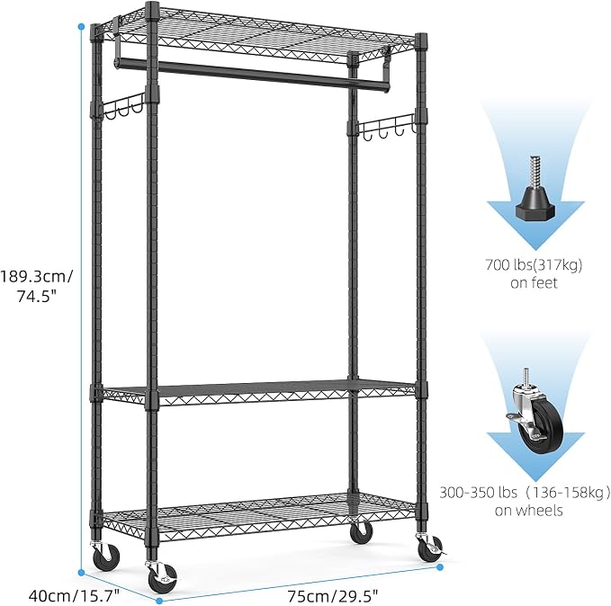 Heavy Duty Rolling Garment Rack 3 Tiers Adjustable Wire Shelving Clothes Rack - Image 6
