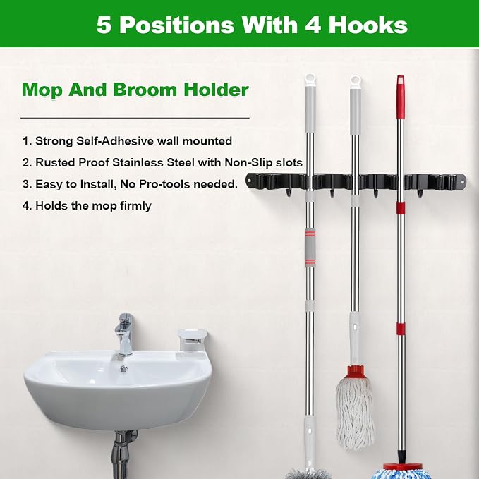 voze 5 Racks and 4 Hooks Mop and Broom Holder Wall Mount, Self Adhesive Heavy - Image 3