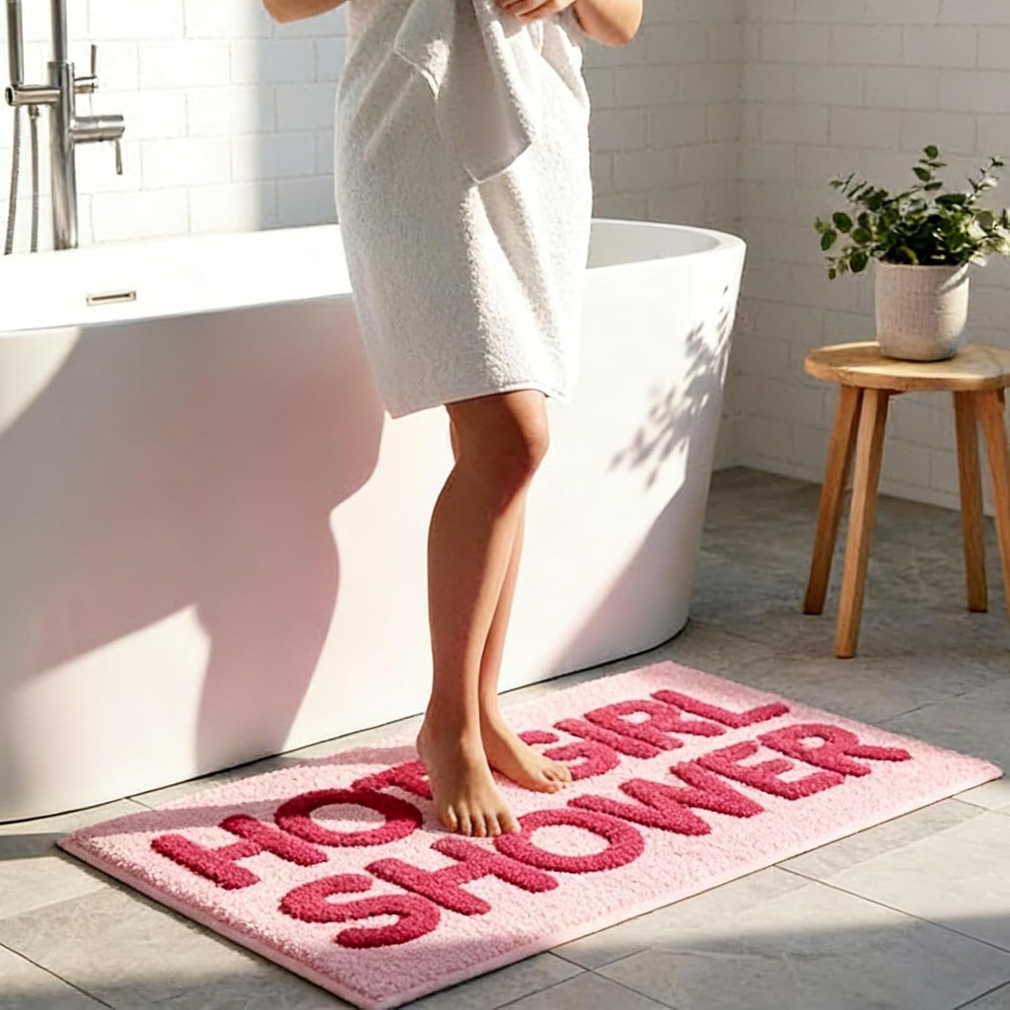 Hot Girl Shower Bath Mat - Cute Pink Tufted Bathroom Rug, Soft Absorbent Flocked Microfiber Floor Mat, Non-Slip Washable Aesthetic Decor for Bathroom, Bedroom, Dorm - 24"x16"