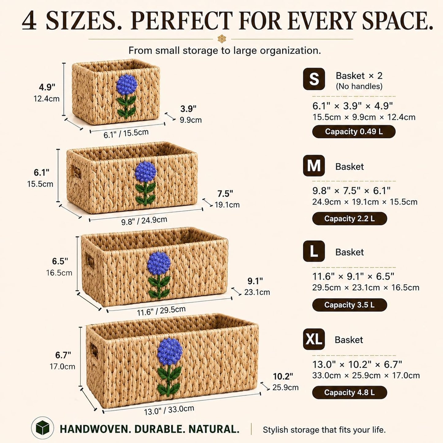 Water Hyacinth Woven Decorative Baskets - Pantry Organizers and Storage | Set of 5 Handwoven Organizer Bins with Hand-Embroidered Flower, Built-in Handles, Shelf Baskets for Nursery, Bathroom