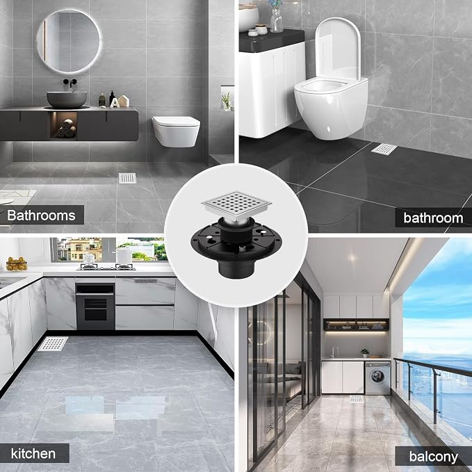 4-3/8 Inch Square Shower Floor Drain Brushed Stainless Steel Drain Kit - Image 5