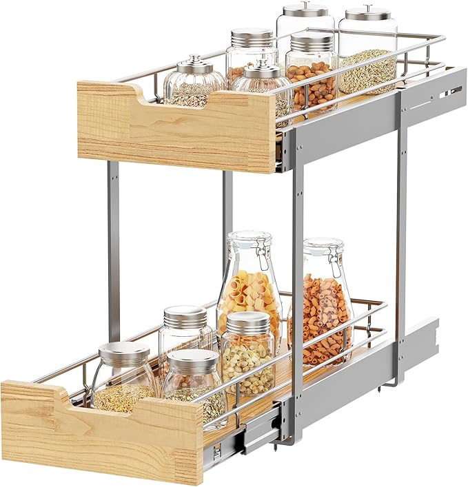 Pull Out Cabinet Organizer, Heavy-Duty Slide Out Shelf, Wood and Wire Basket by SikarouStorageSpecialist