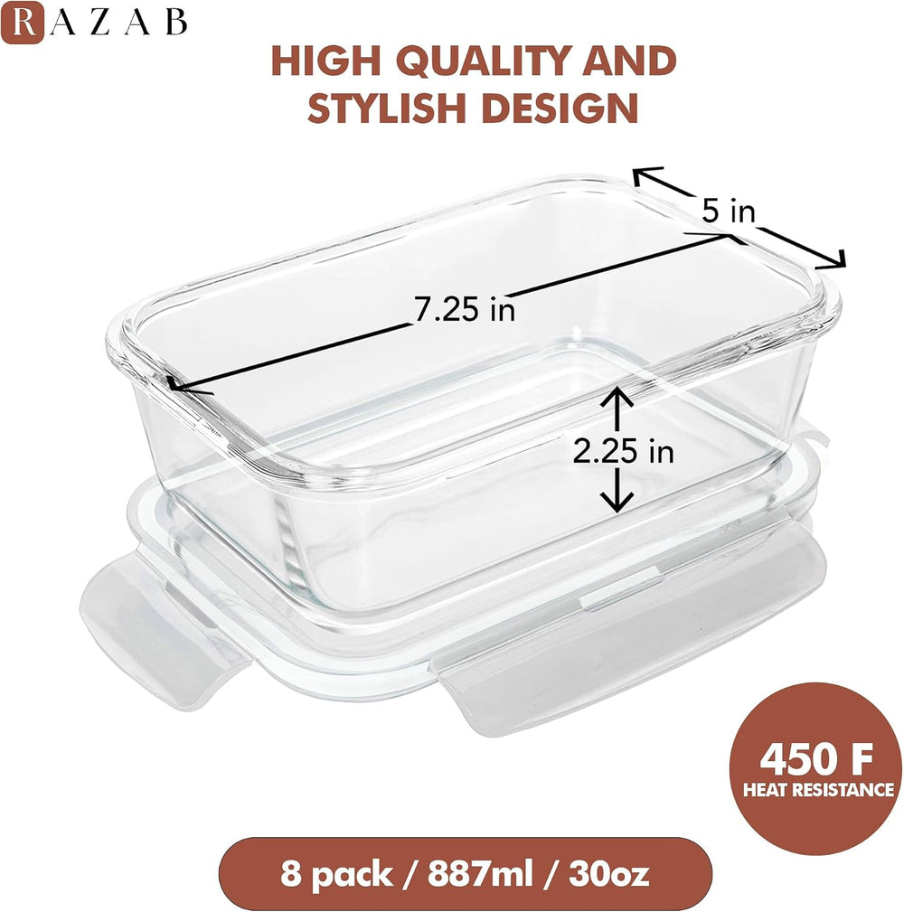 Razab 16 Pc (Set of 8) 30 Oz Glass Meal Prep Containers with Lids, Airtight L...
