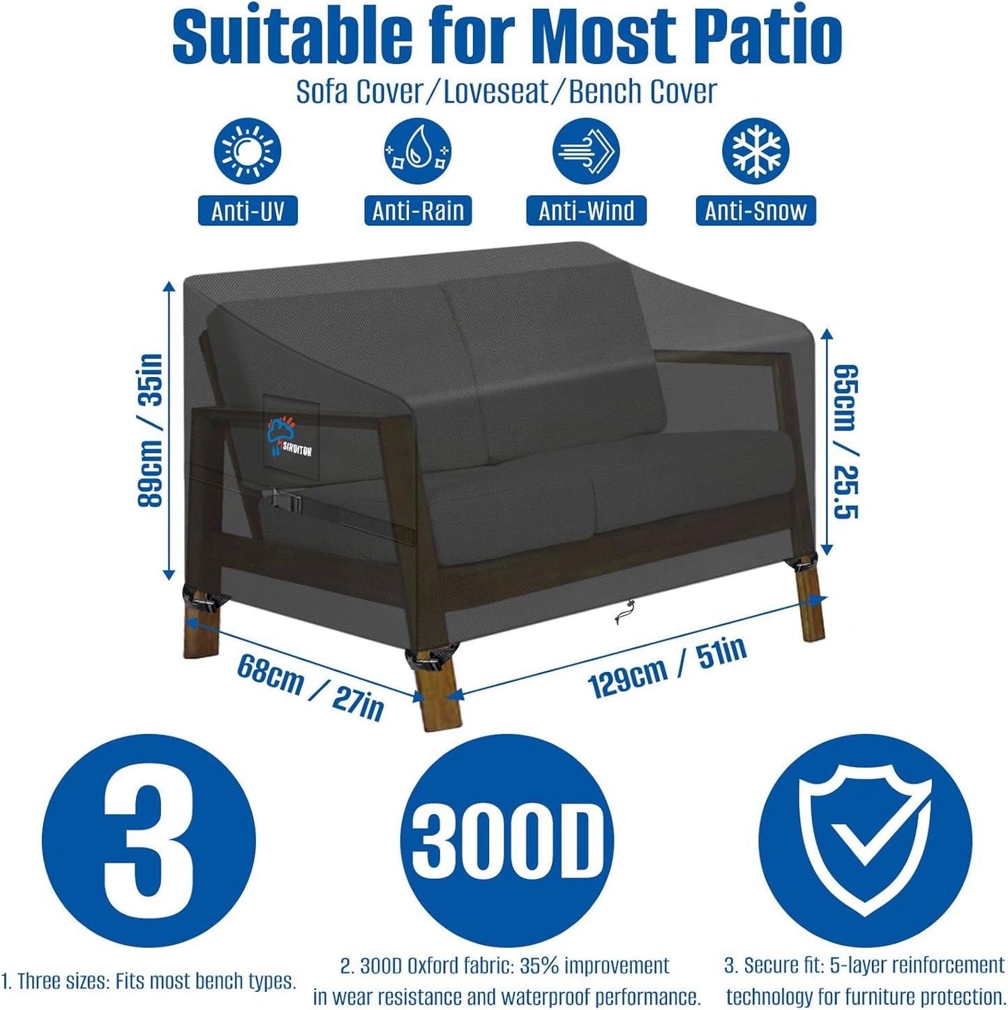 SIRUITON 2-Seat Garden Patio Sofa/Loveseat/Bench Cover 51.6" L x 27" W x 35" H,Heavy Duty 300D Oxford Waterproof Outdoor Sofa Cover,Lawn Patio Furniture Covers