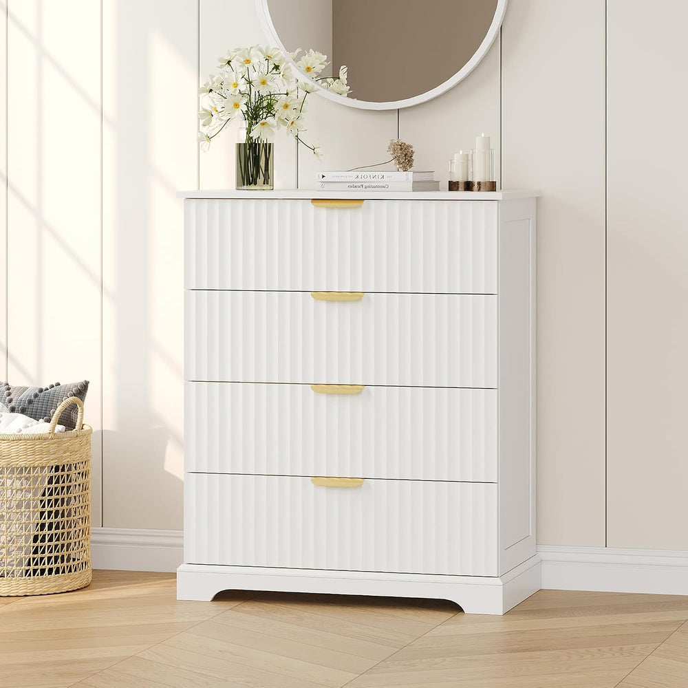 Wooden 4 Drawer Dresser for Bedroom, 36.6 in Tall Fluted Dresser with Metal H...