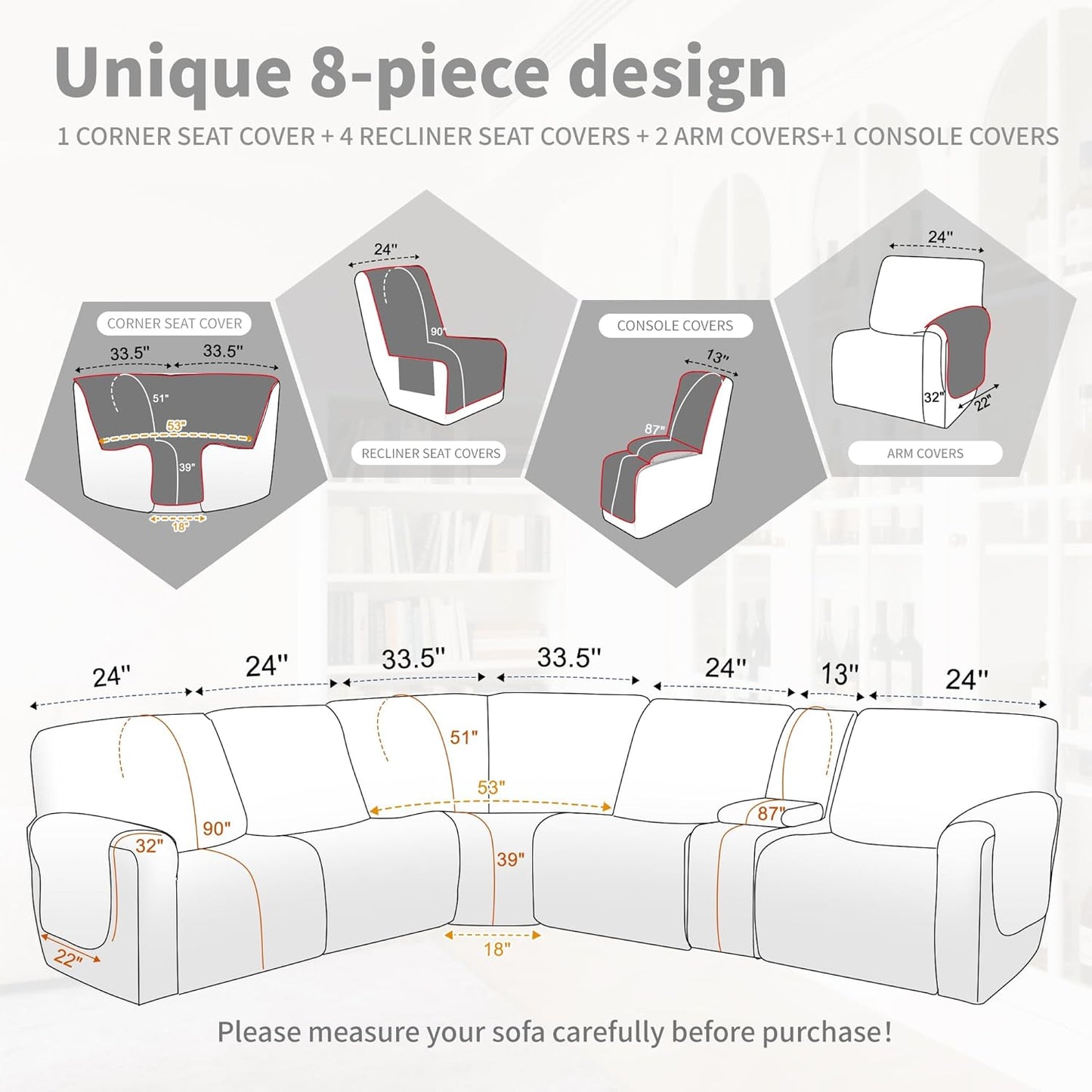 Waterproof Sectional Reclining Couch Covers L Shaped Recliner Sectional Sofa Cover 8 Piece Non Slip Washable Corner Recliner Slipcover Set for Pet Dog (5 Seater 1 Console Cover, Coffee)